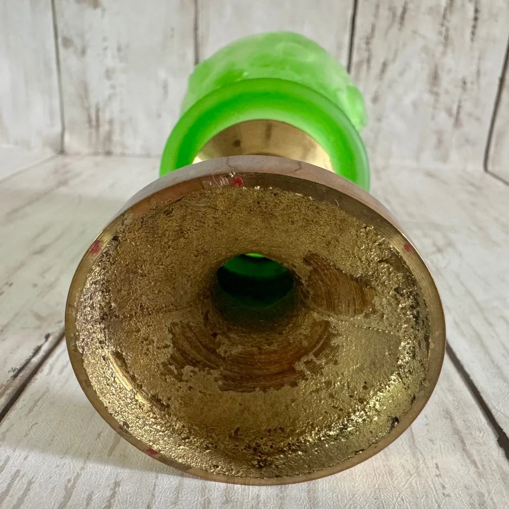 Vintage Green Uranium Glass Floral Satin Frosted Brass Candle Holder 5 1/2